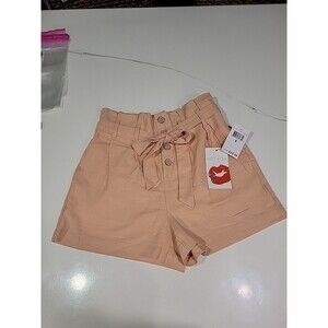 NWT HOT KISS  Dusty Pink High Waist Belted Paper Bag Shorts Size SMALL b2
